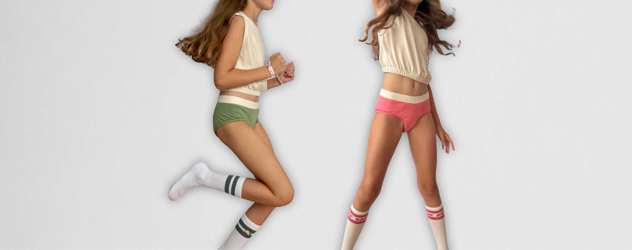 deux pré-adolescentes portant les culottes de règles teenflo de couleur rose corail & vert kaki